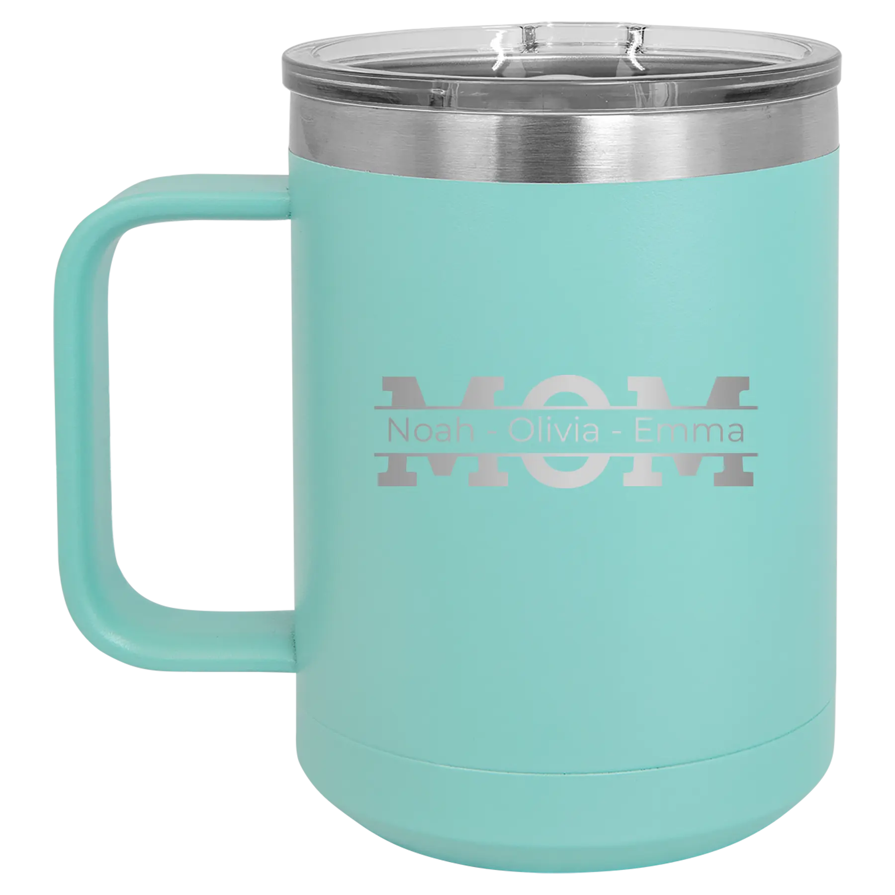 Personalized teal 15 oz vacuum insulated coffee mug with 'Mom' design