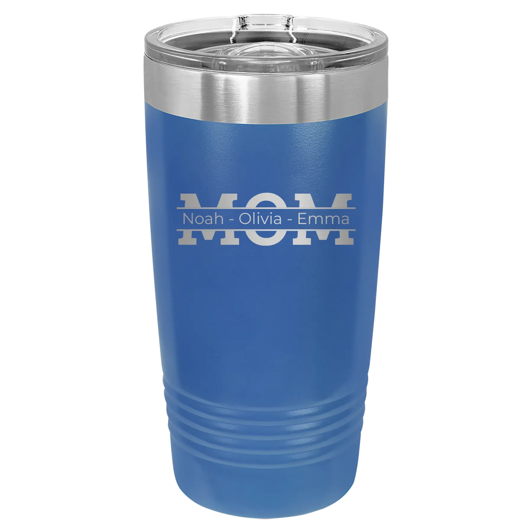 Personalized royal blue 20 oz vacuum insulated tumbler with 'Mom' design