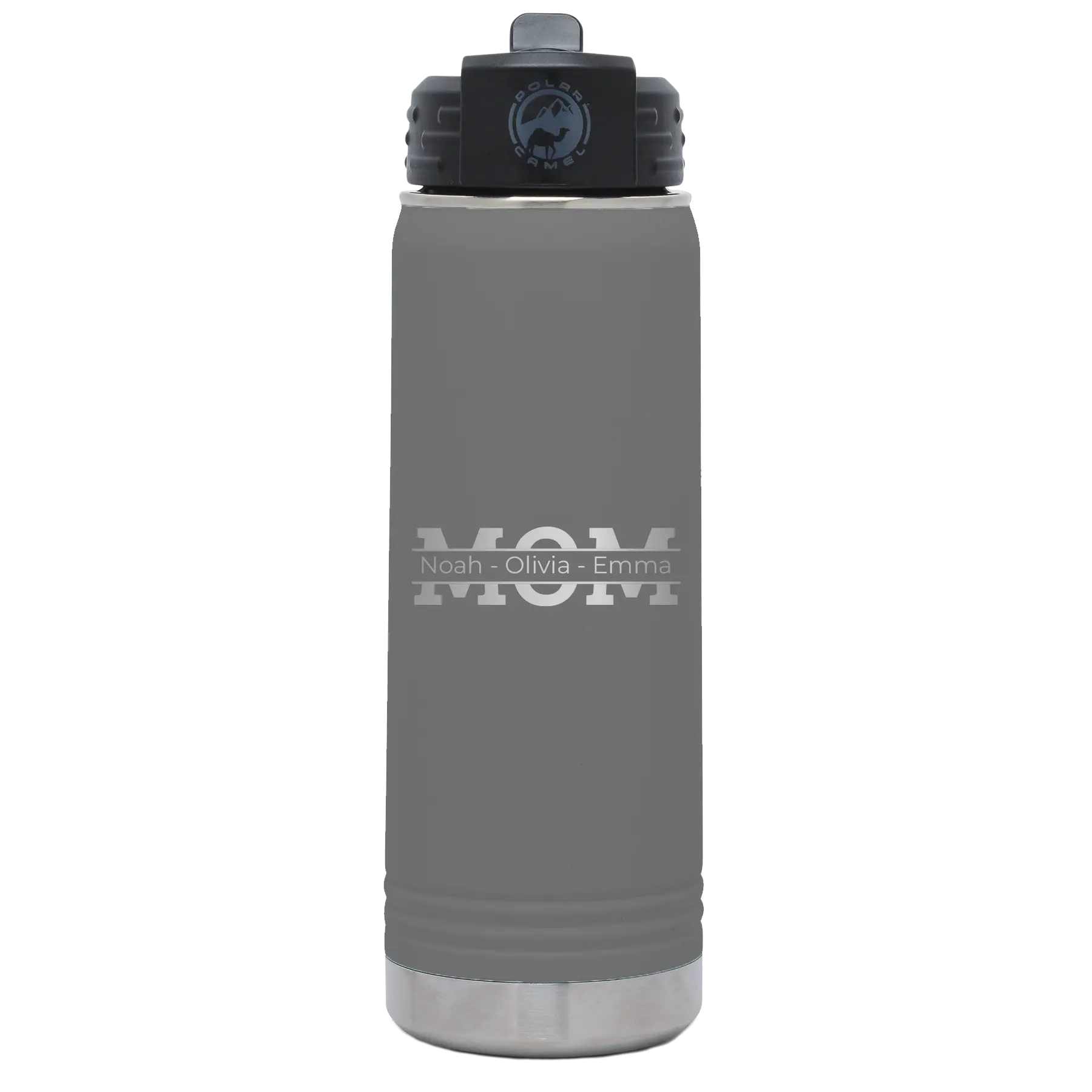 Personalized dark gray 20 oz vacuum insulated water bottle with 'Mom' design