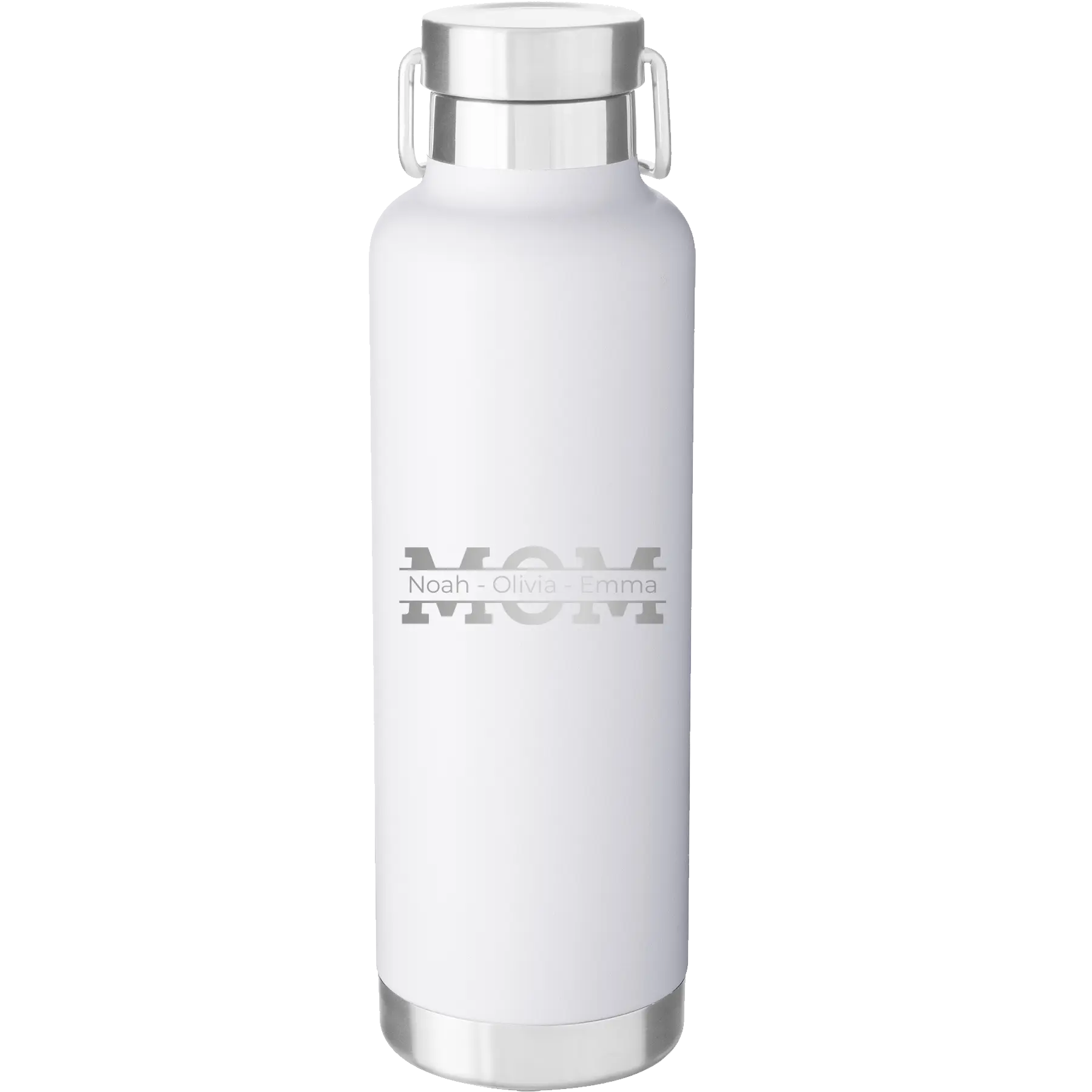 Personalized white 24 oz vacuum insulated water bottle with 'Mom' design