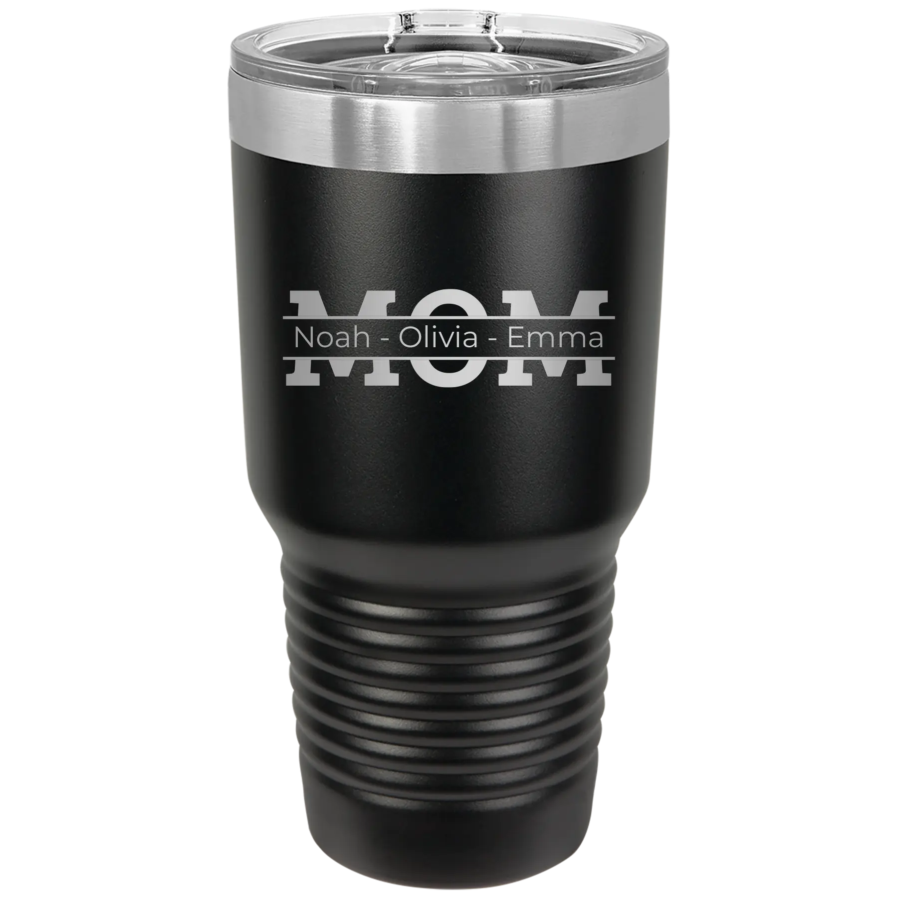 Personalized black 30 oz vacuum insulated tumbler with 'Mom' design