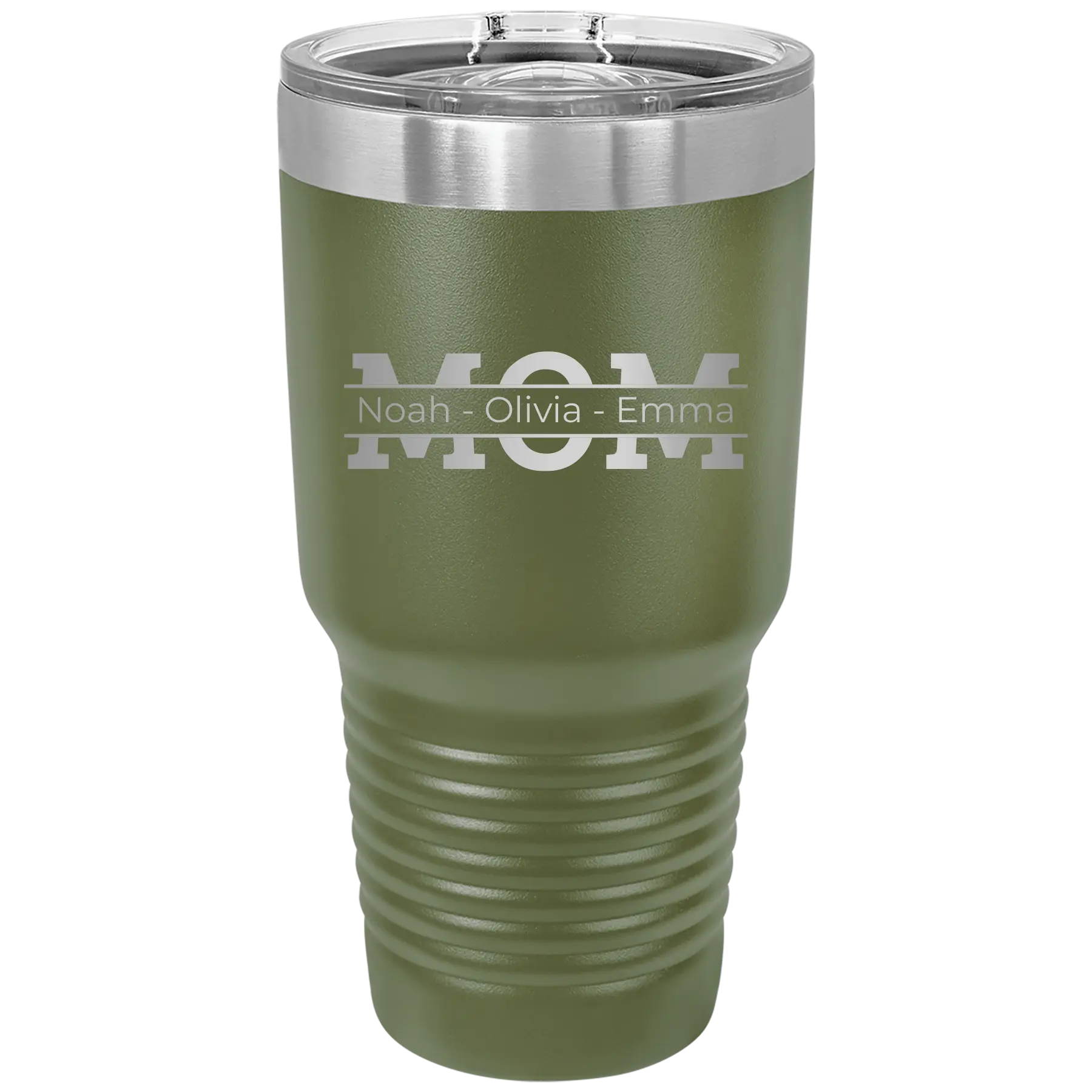 Personalized olive green 30 oz vacuum insulated tumbler with 'Mom' design