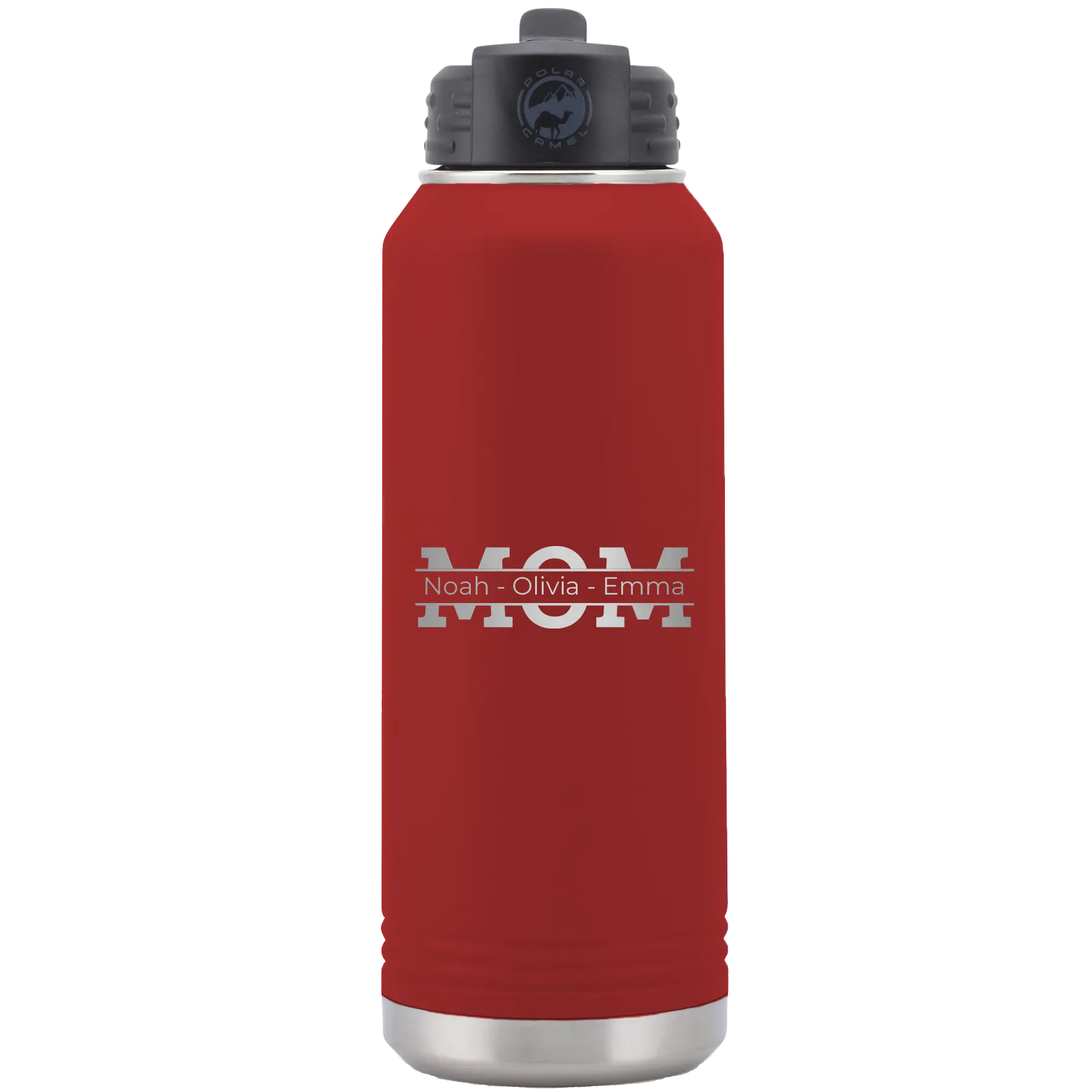 Personalized maroon 32 oz vacuum insulated water bottle with 'Mom' design