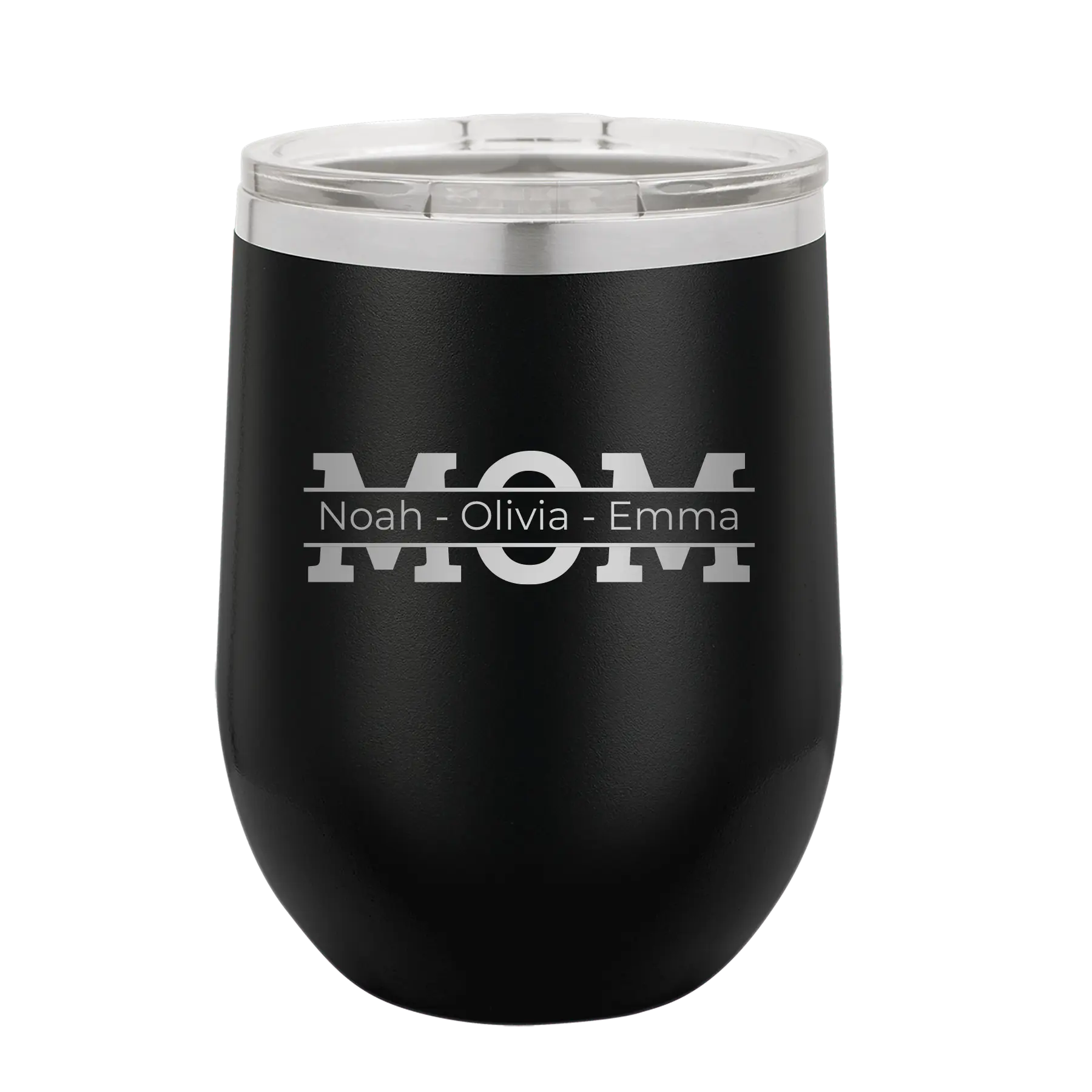 Personalized black 12 oz vacuum insulated wine cup with 'Mom' design