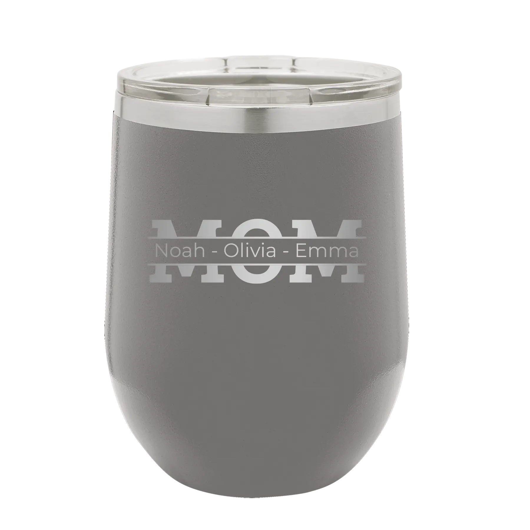 Personalized dark gray 12 oz vacuum insulated wine cup with 'Mom' design
