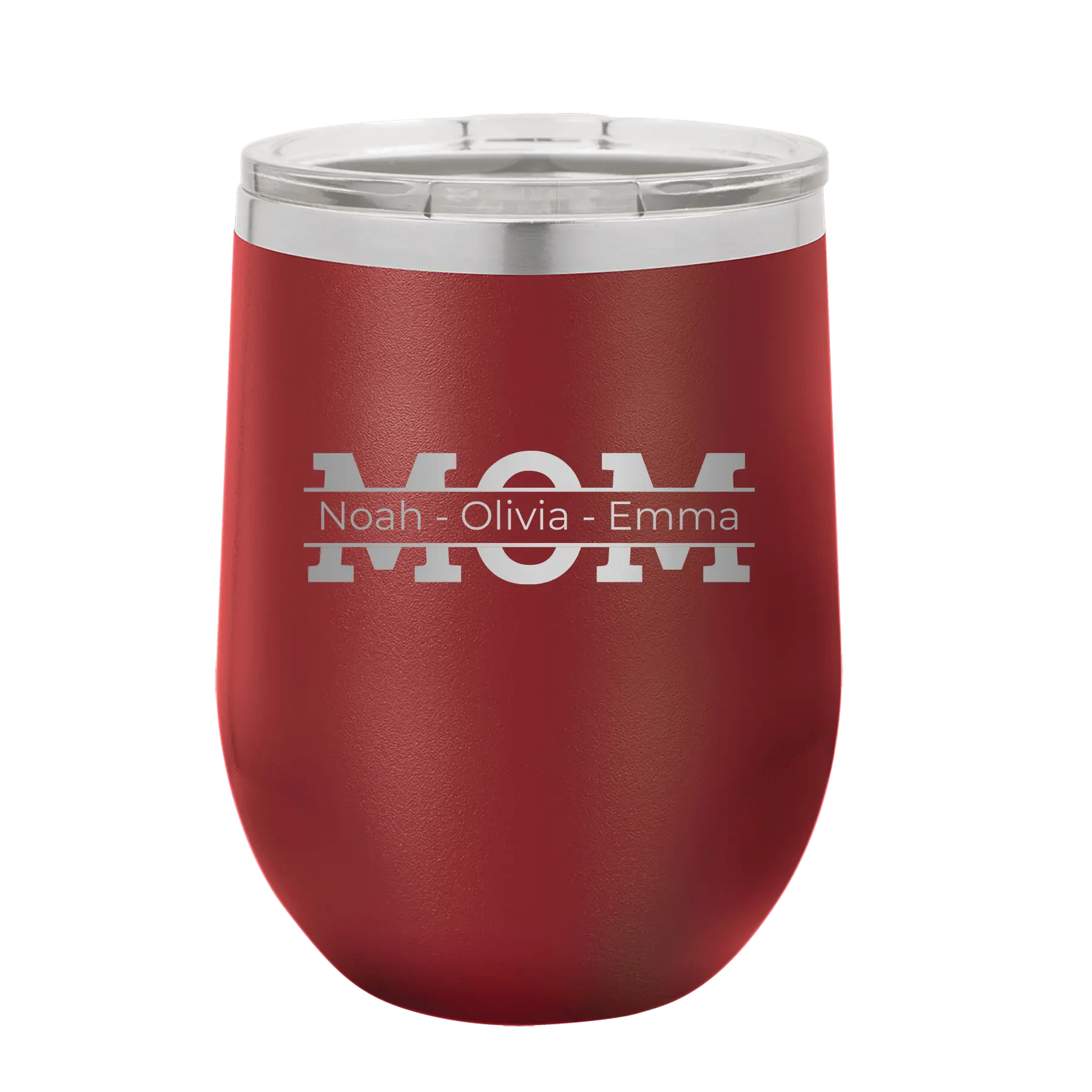 Personalized maroon 12 oz vacuum insulated wine cup with 'Mom' design