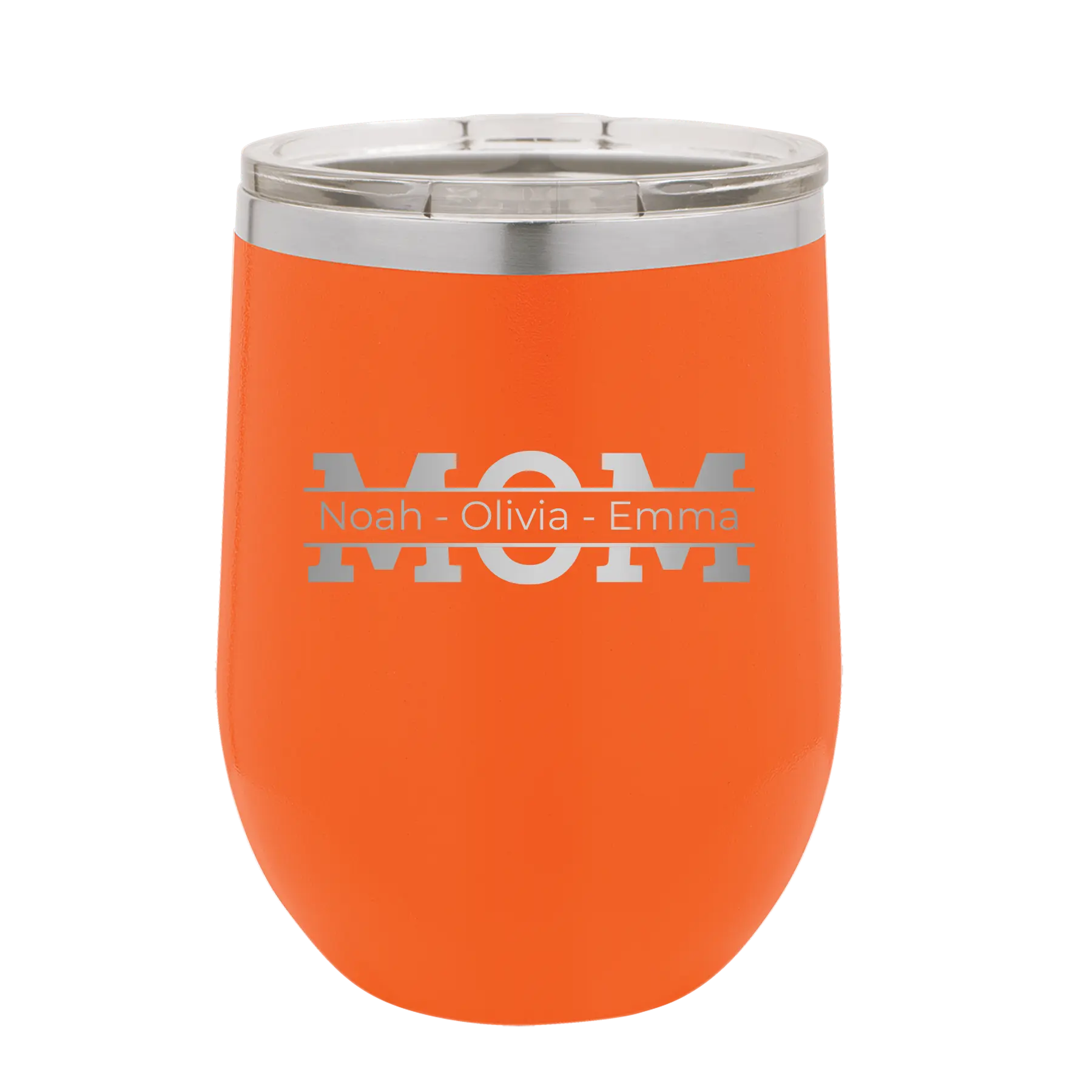 Personalized orange 12 oz vacuum insulated wine cup with 'Mom' design