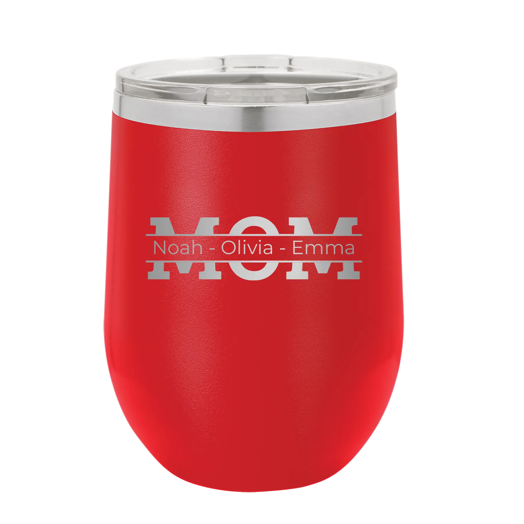 Personalized red 12 oz vacuum insulated wine cup with 'Mom' design