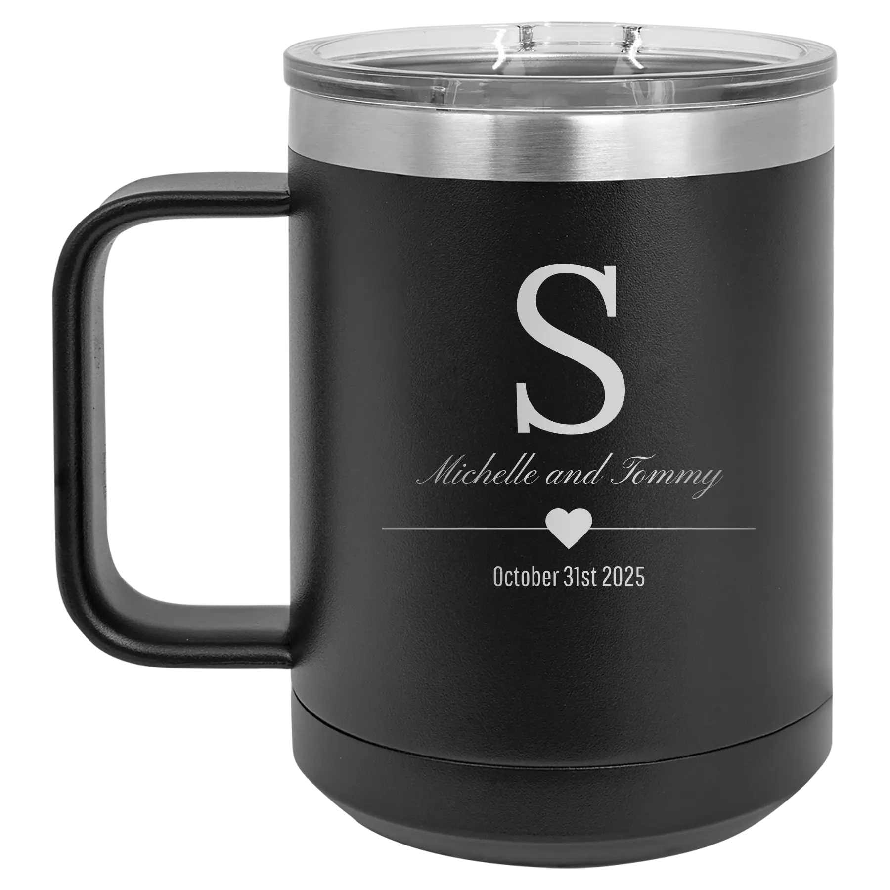 Personalized black 15 oz vacuum insulated coffee mug with 'Wedding Inital Text and Date' design