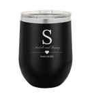 Personalized black 12 oz vacuum insulated wine cup with 'Wedding Inital Text and Date' design