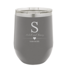 Personalized dark gray 12 oz vacuum insulated wine cup with 'Wedding Inital Text and Date' design