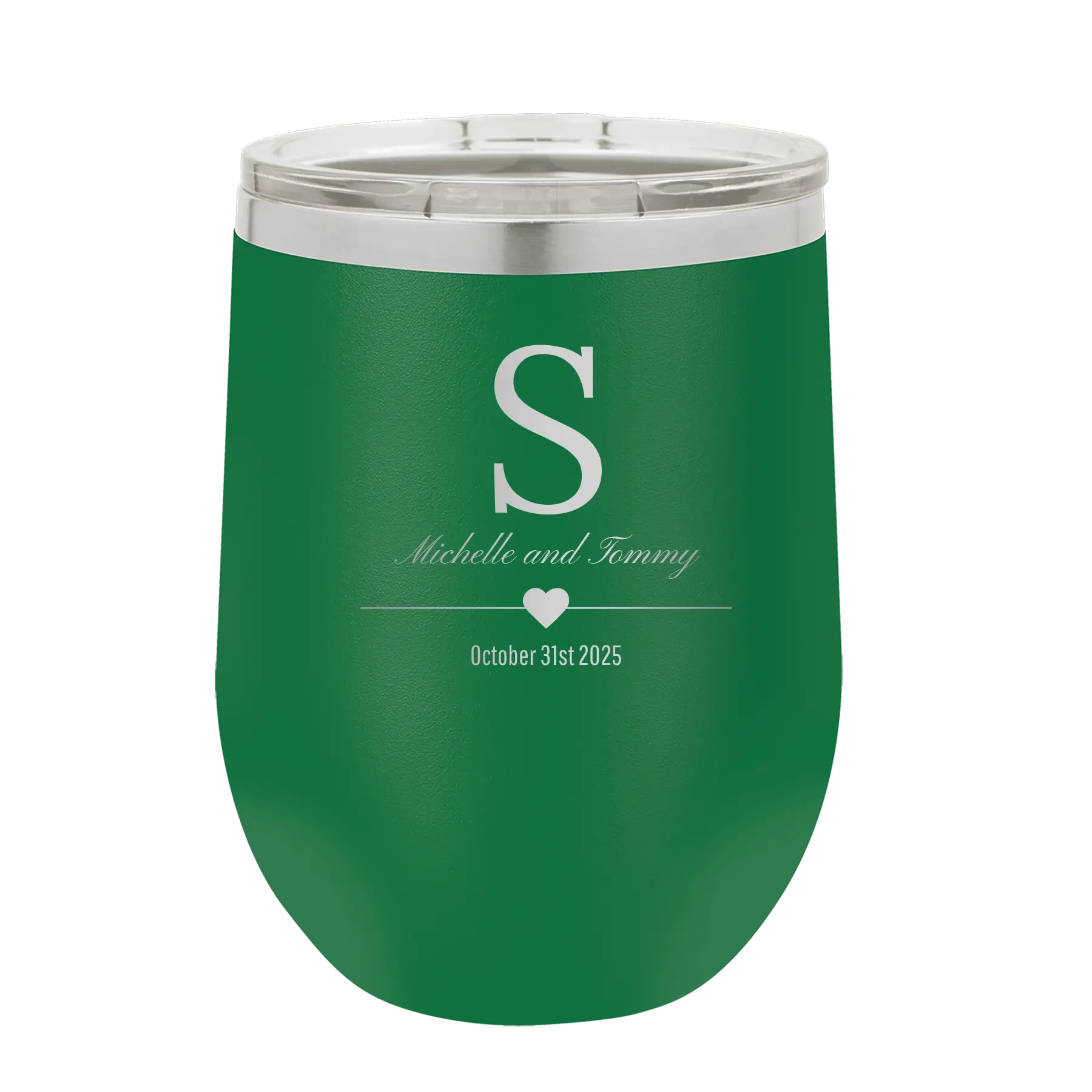 Personalized green 12 oz vacuum insulated wine cup with 'Wedding Inital Text and Date' design