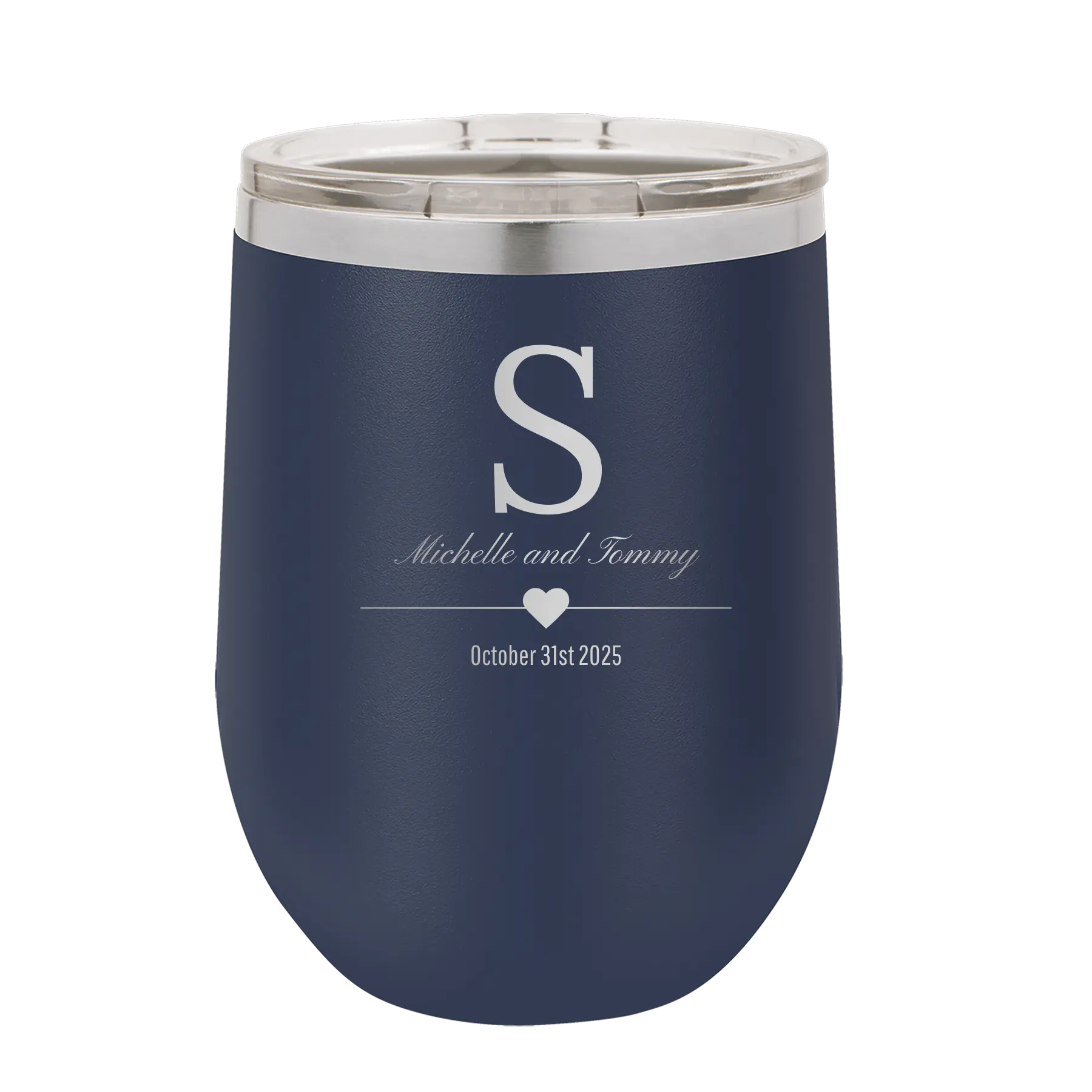 Personalized navy 12 oz vacuum insulated wine cup with 'Wedding Inital Text and Date' design