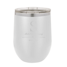 Personalized white 12 oz vacuum insulated wine cup with 'Wedding Inital Text and Date' design