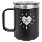 Personalized black 15 oz vacuum insulated coffee mug with 'Heart with Names' design