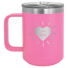 Personalized pink 15 oz vacuum insulated coffee mug with 'Heart with Names' design