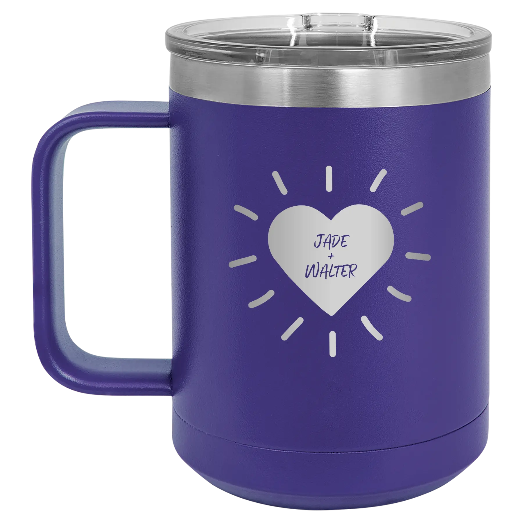 Personalized purple 15 oz vacuum insulated coffee mug with 'Heart with Names' design