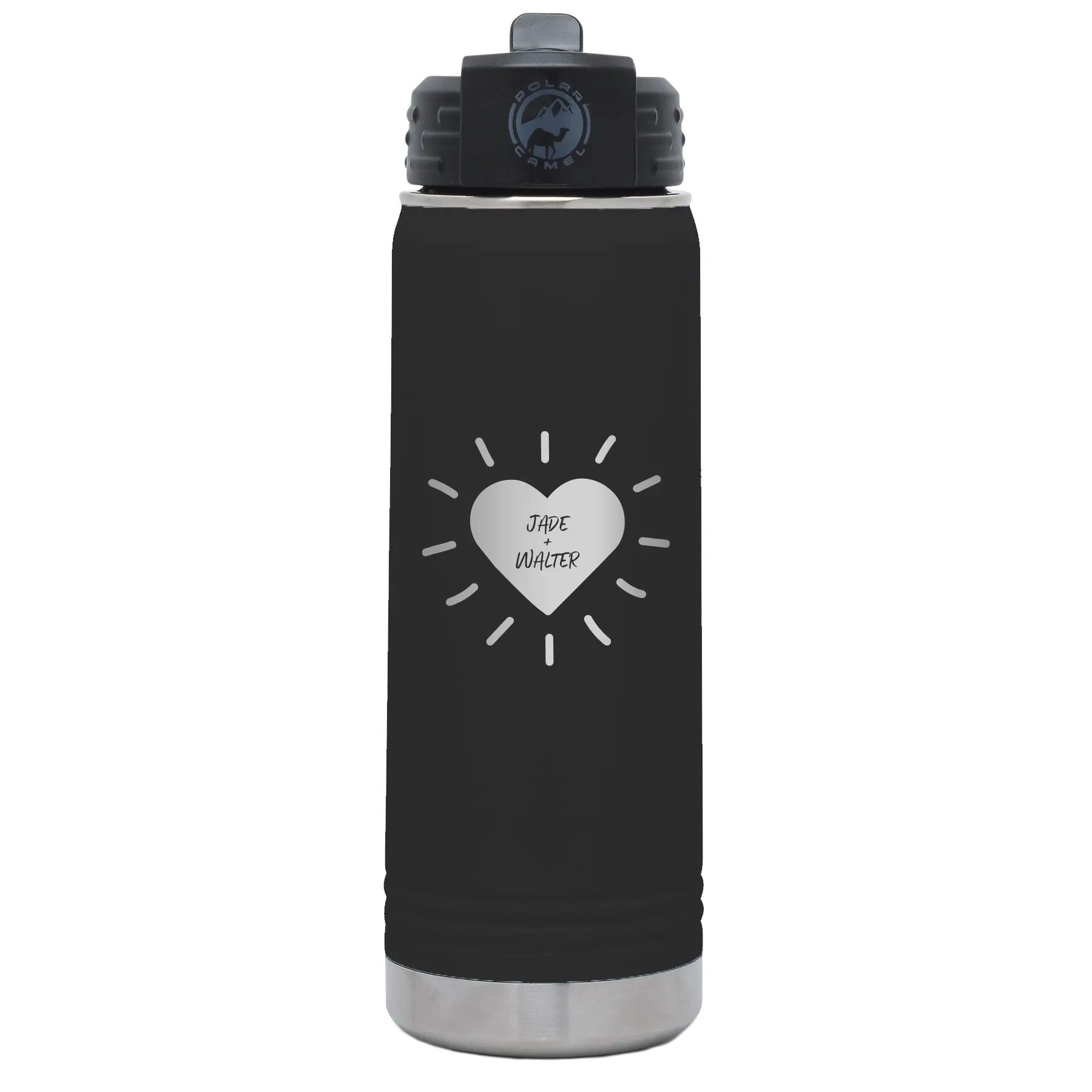 Personalized black 20 oz vacuum insulated water bottle with 'Heart with Names' design