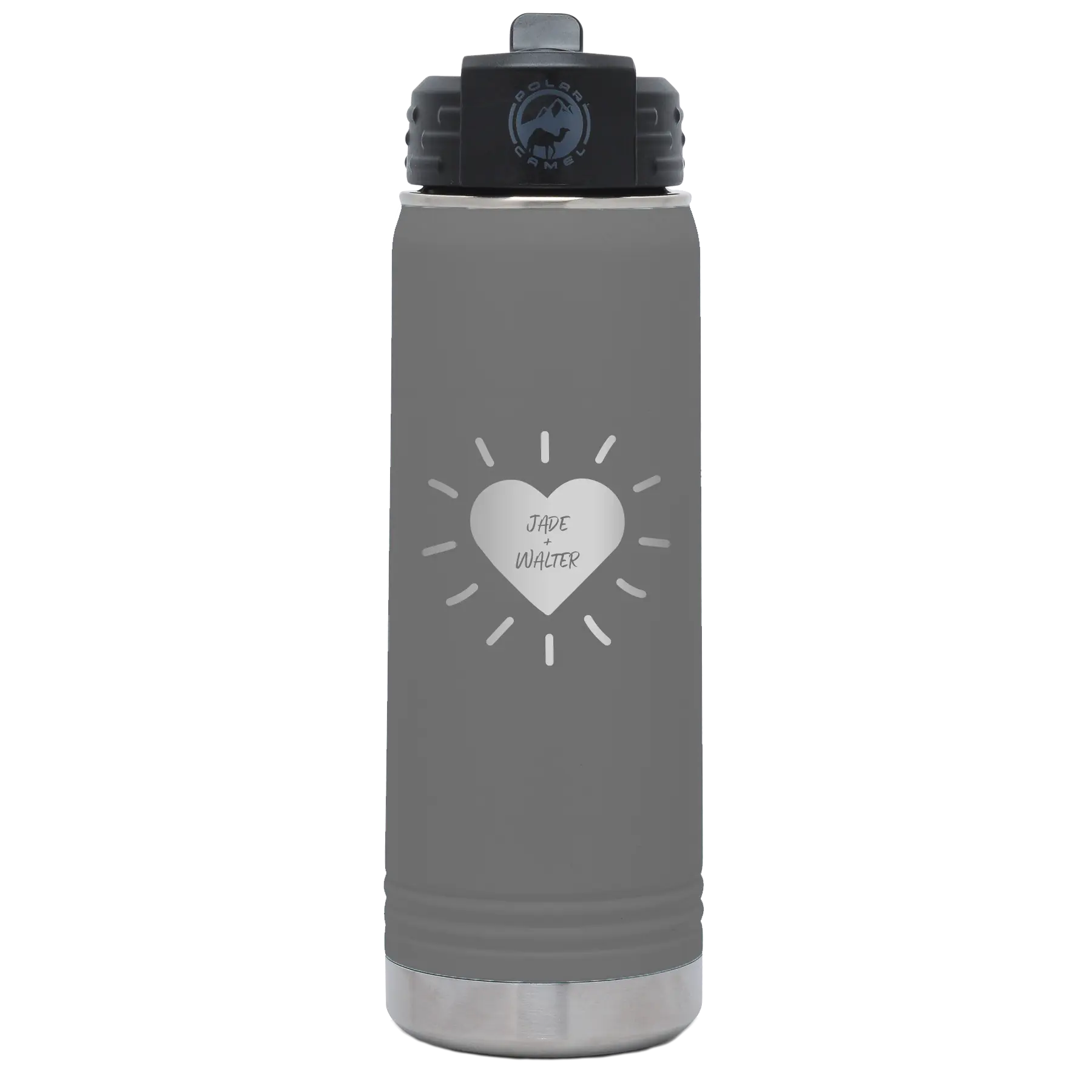 Personalized dark gray 20 oz vacuum insulated water bottle with 'Heart with Names' design