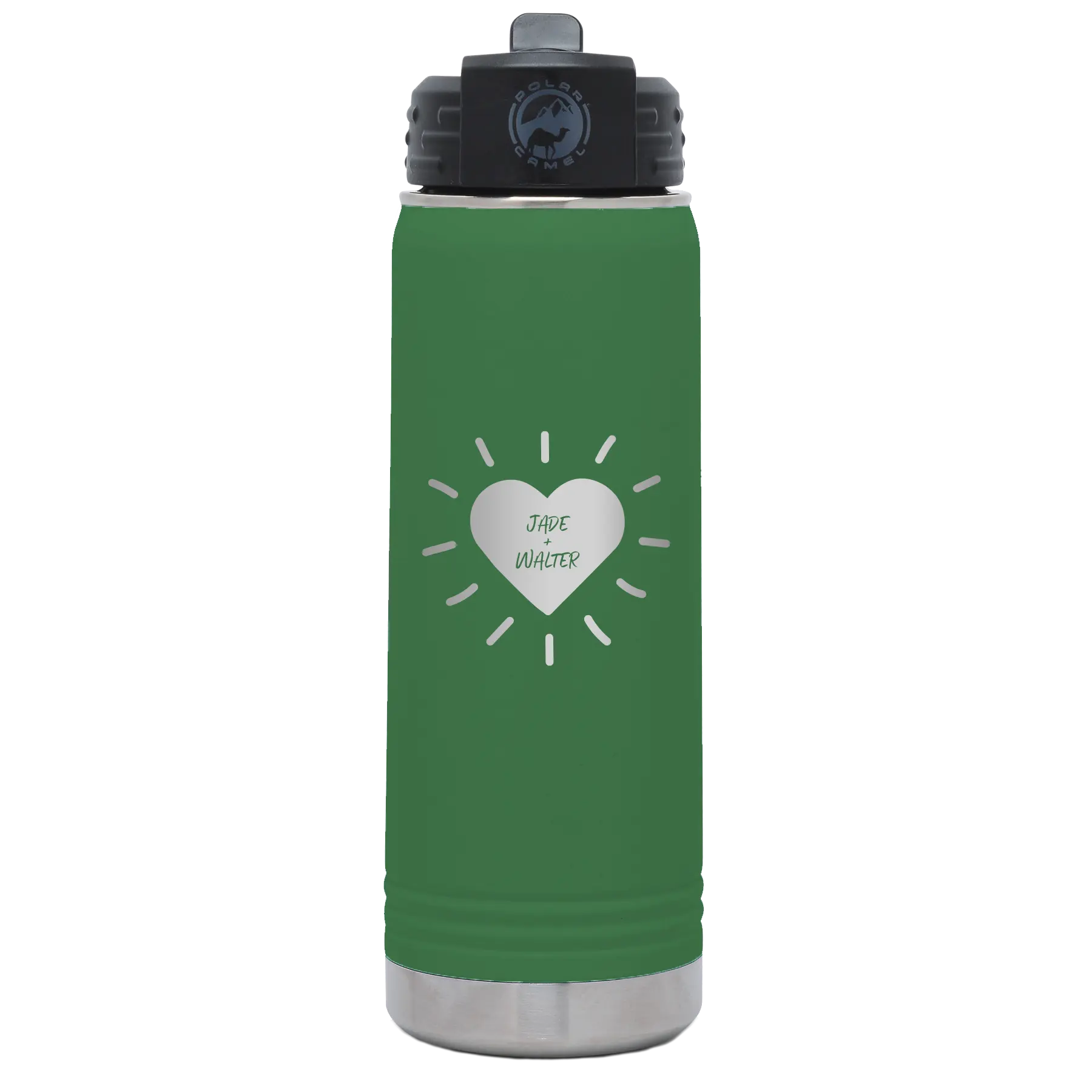 Personalized green 20 oz vacuum insulated water bottle with 'Heart with Names' design