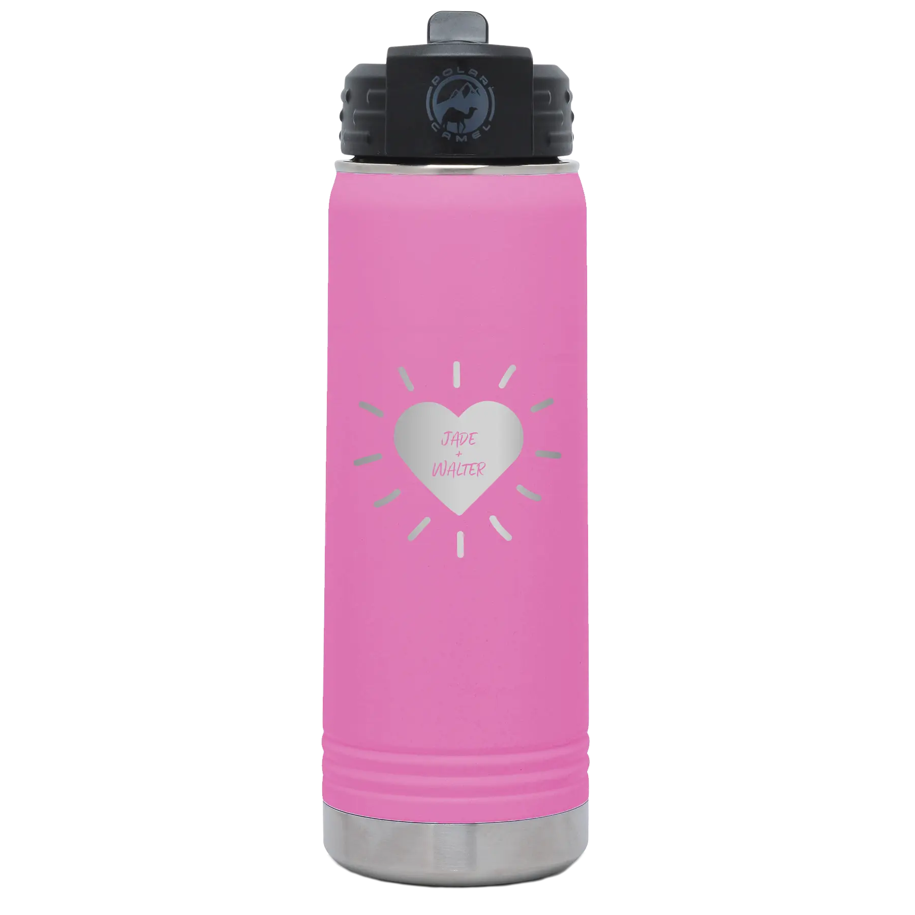 Personalized light purple 20 oz vacuum insulated water bottle with 'Heart with Names' design