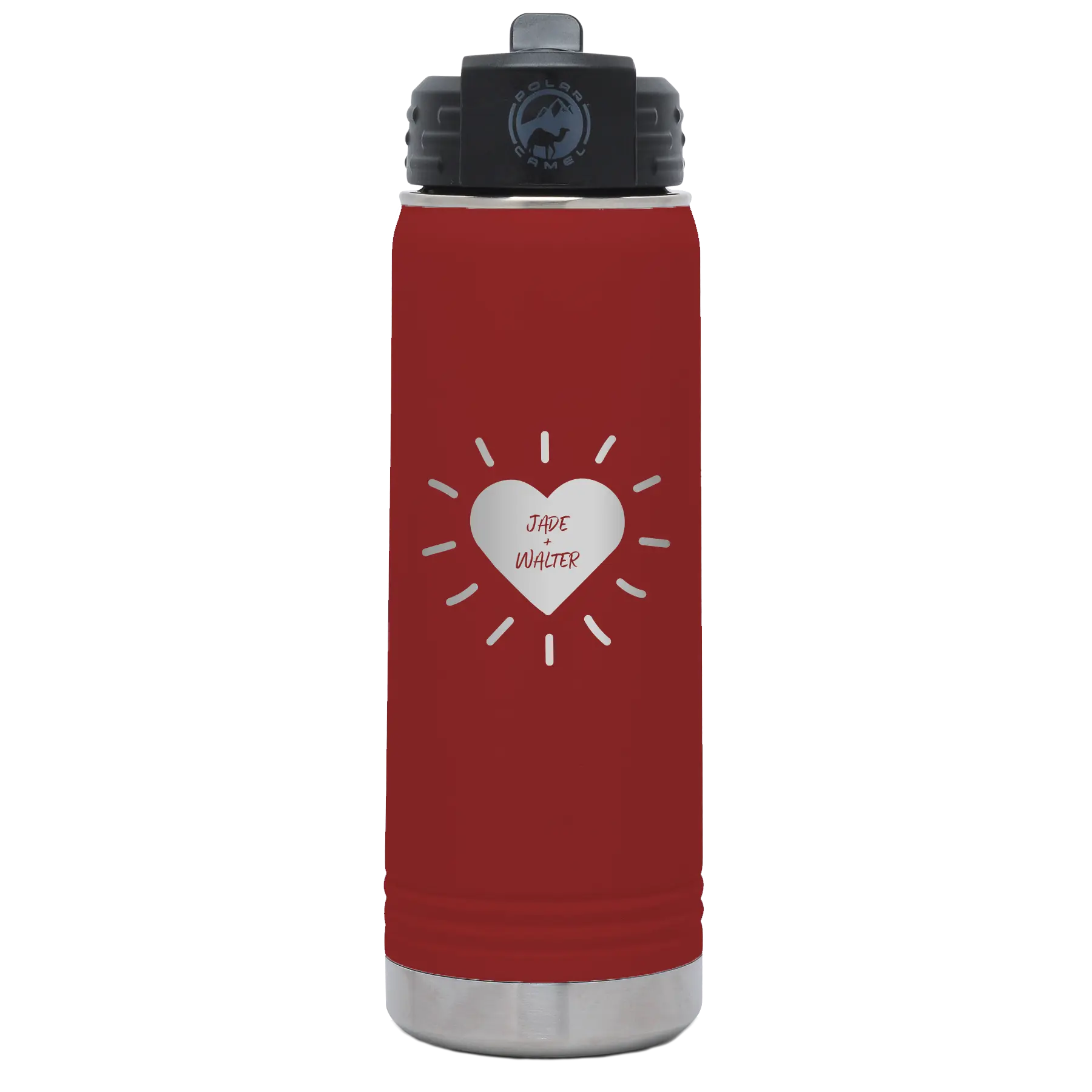 Personalized maroon 20 oz vacuum insulated water bottle with 'Heart with Names' design
