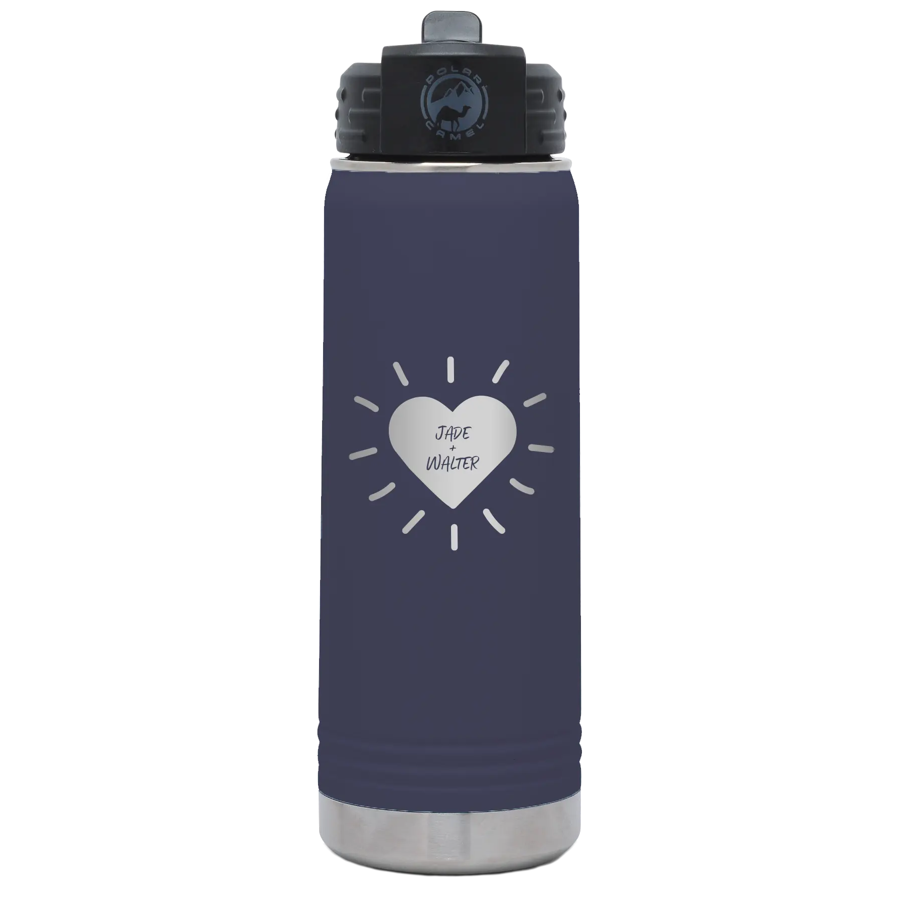 Personalized navy 20 oz vacuum insulated water bottle with 'Heart with Names' design