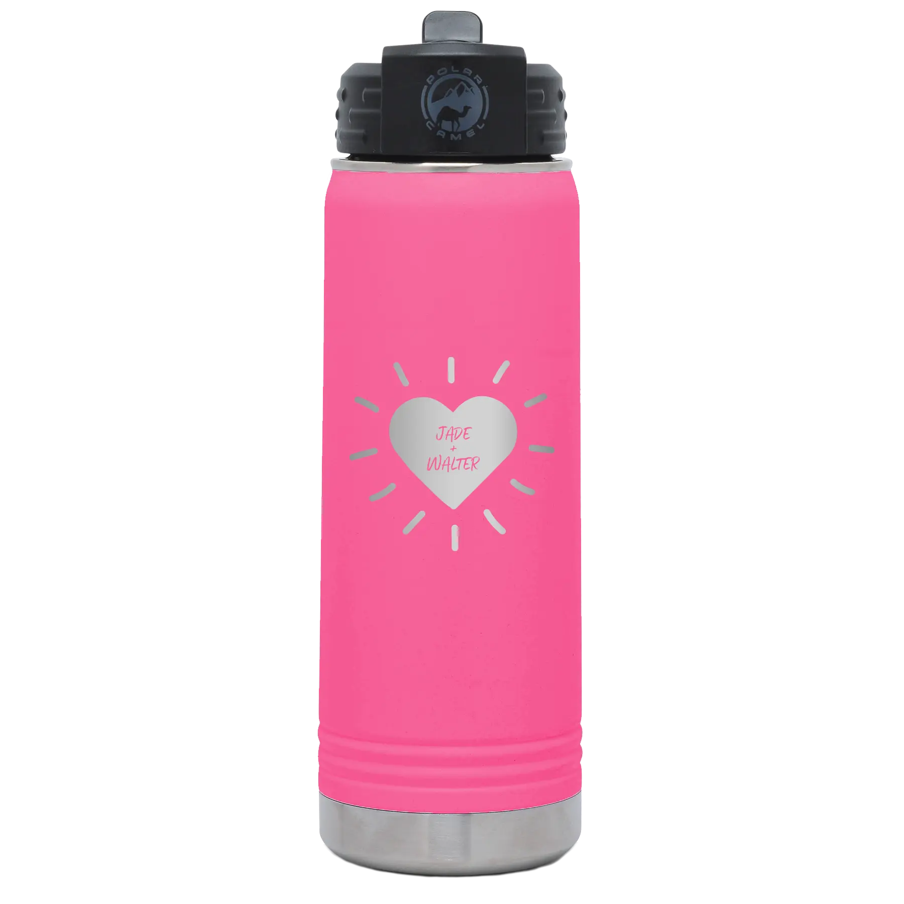 Personalized pink 20 oz vacuum insulated water bottle with 'Heart with Names' design