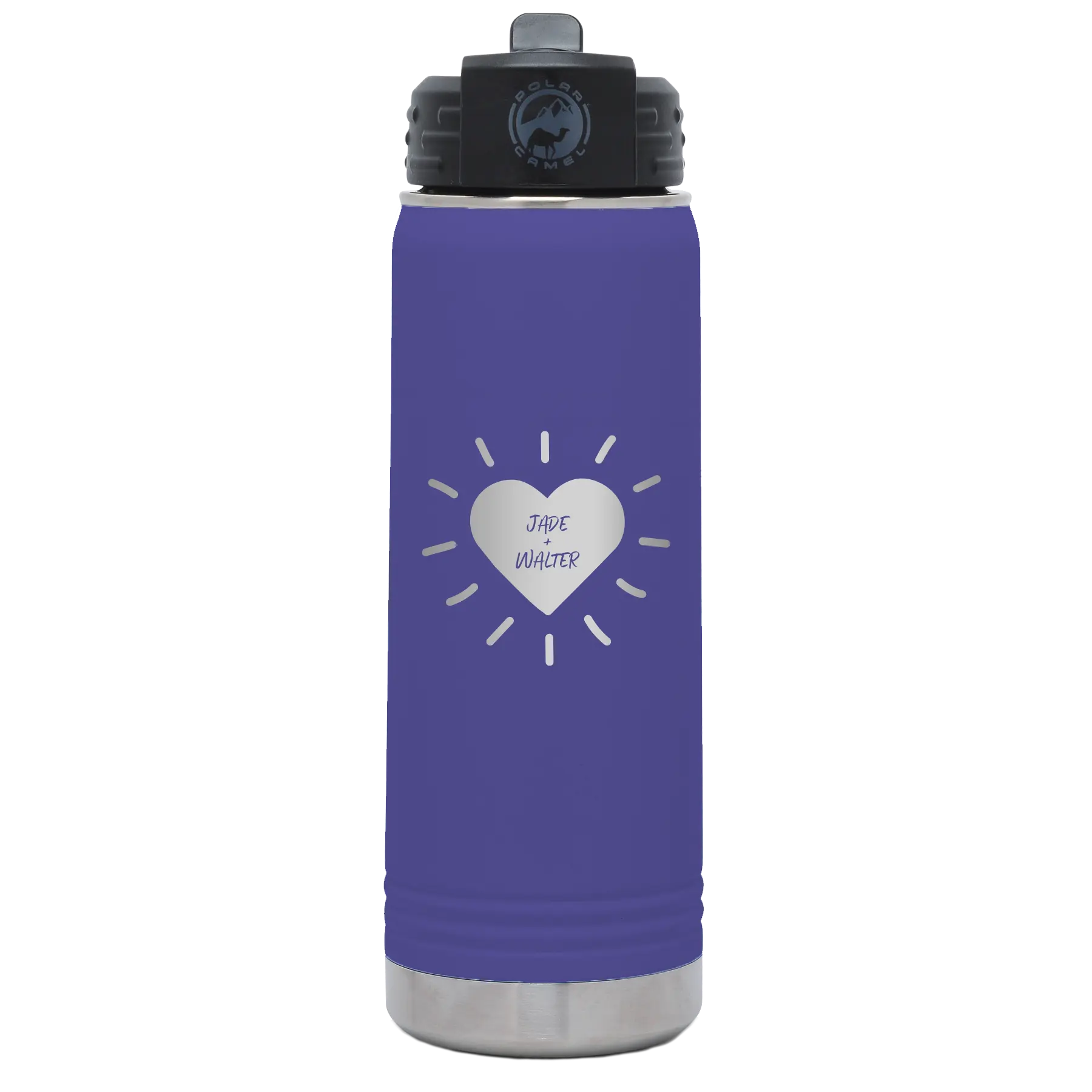 Personalized purple 20 oz vacuum insulated water bottle with 'Heart with Names' design