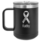 Personalized black 15 oz vacuum insulated coffee mug with 'Survivor' design