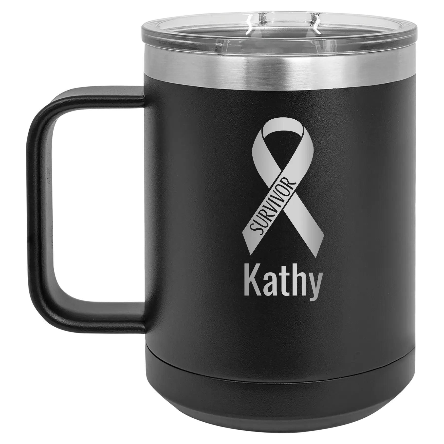 Personalized black 15 oz vacuum insulated coffee mug with 'Survivor' design