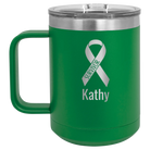 Personalized green 15 oz vacuum insulated coffee mug with 'Survivor' design