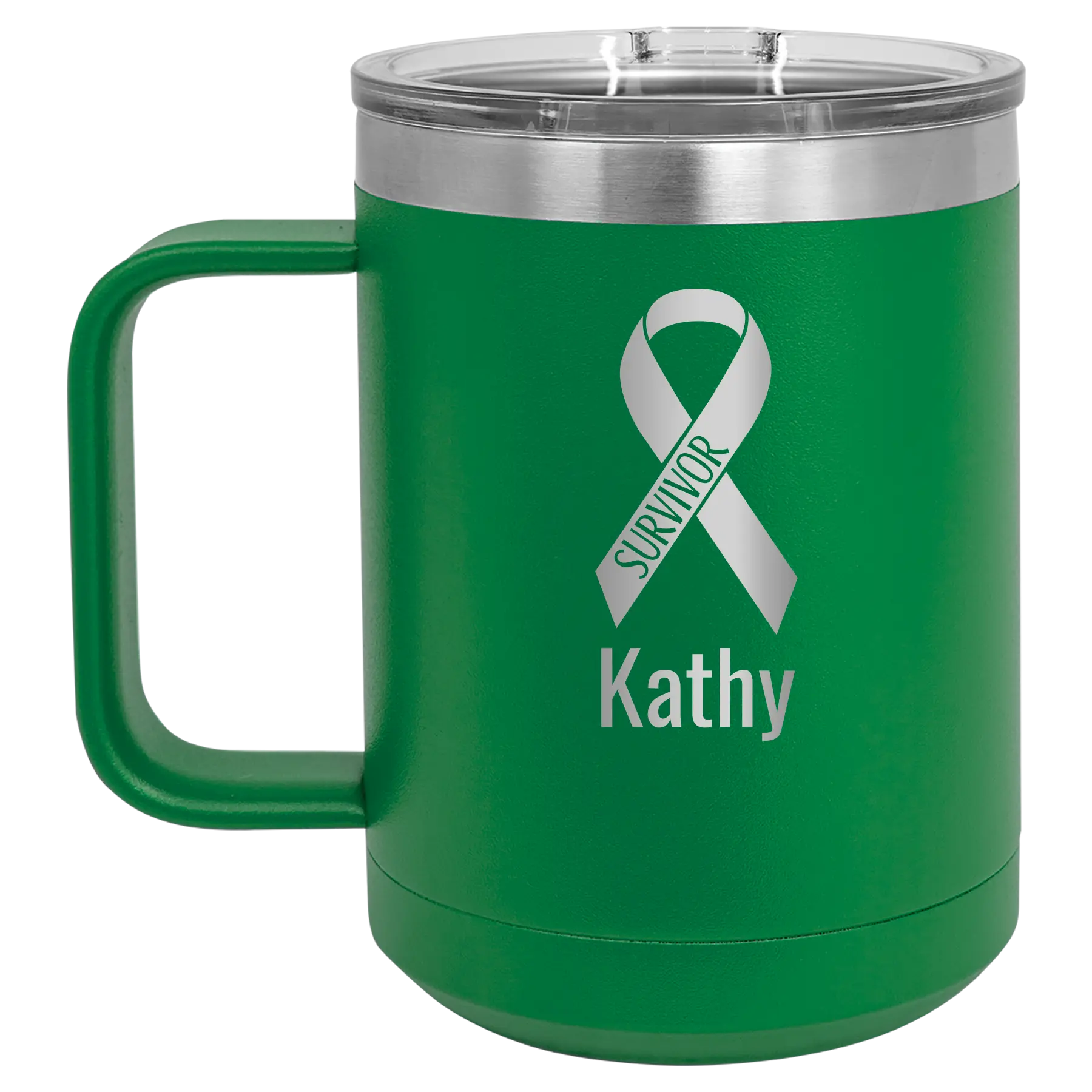 Personalized green 15 oz vacuum insulated coffee mug with 'Survivor' design