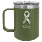 Personalized olive green 15 oz vacuum insulated coffee mug with 'Survivor' design