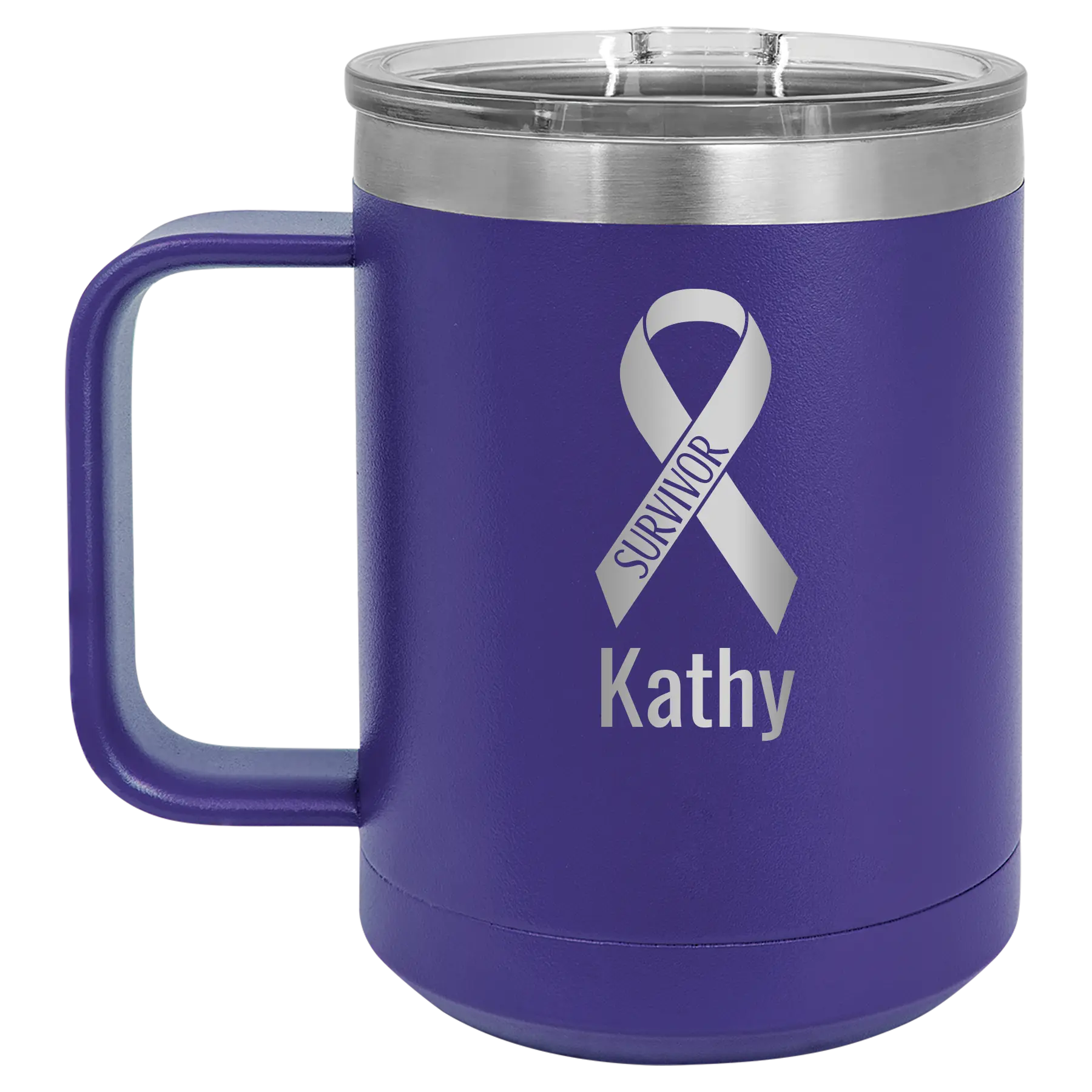 Personalized purple 15 oz vacuum insulated coffee mug with 'Survivor' design