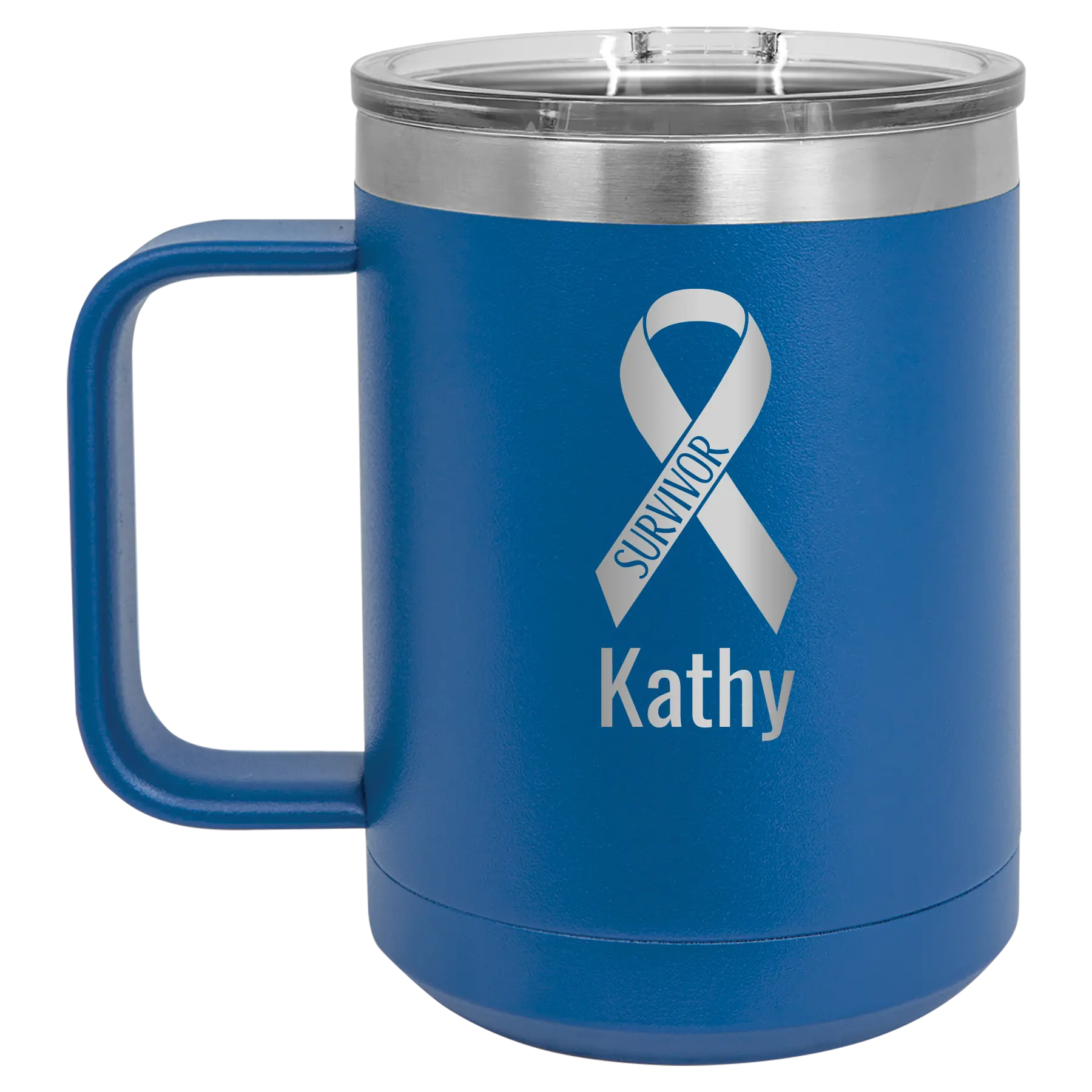 Personalized royal blue 15 oz vacuum insulated coffee mug with 'Survivor' design