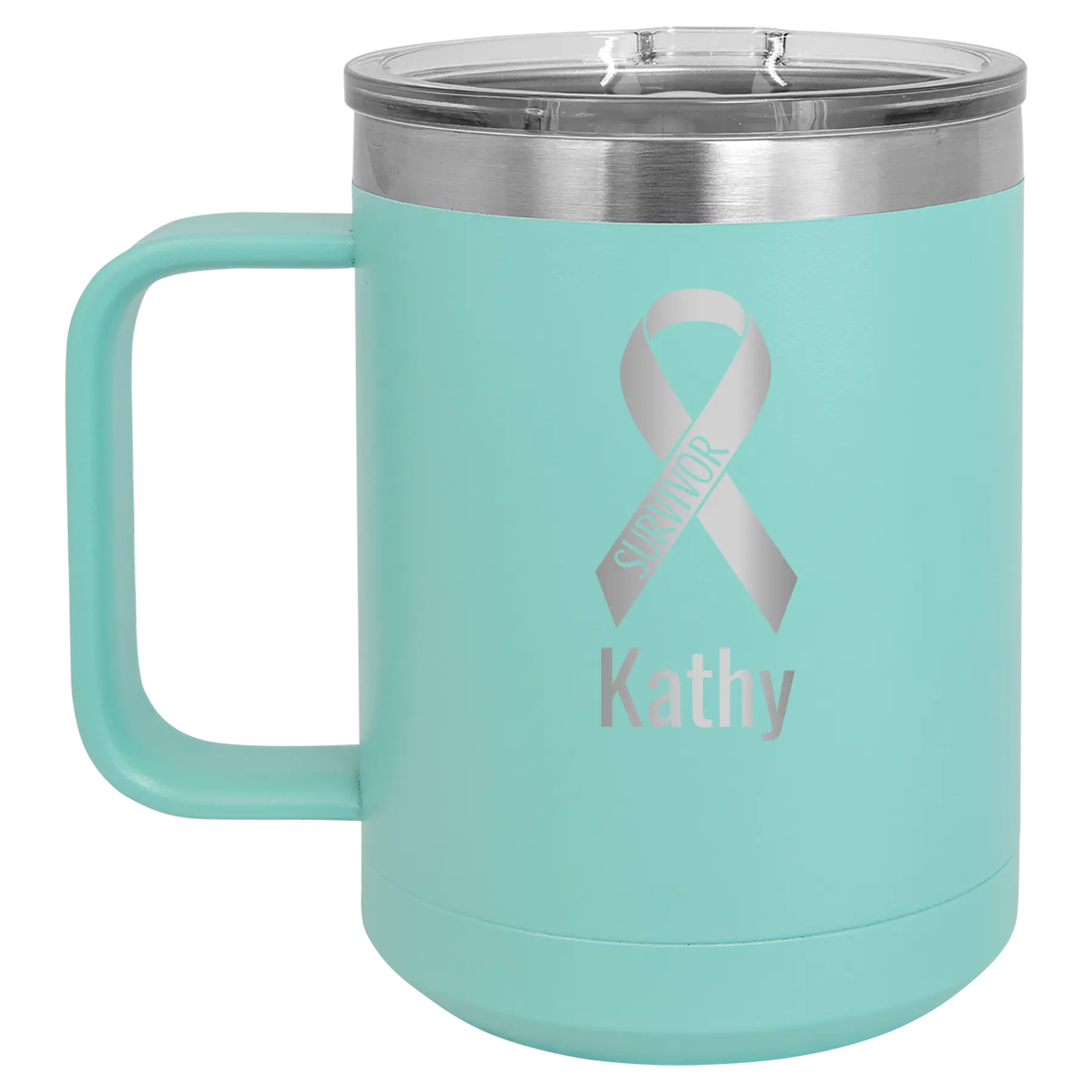 Personalized teal 15 oz vacuum insulated coffee mug with 'Survivor' design