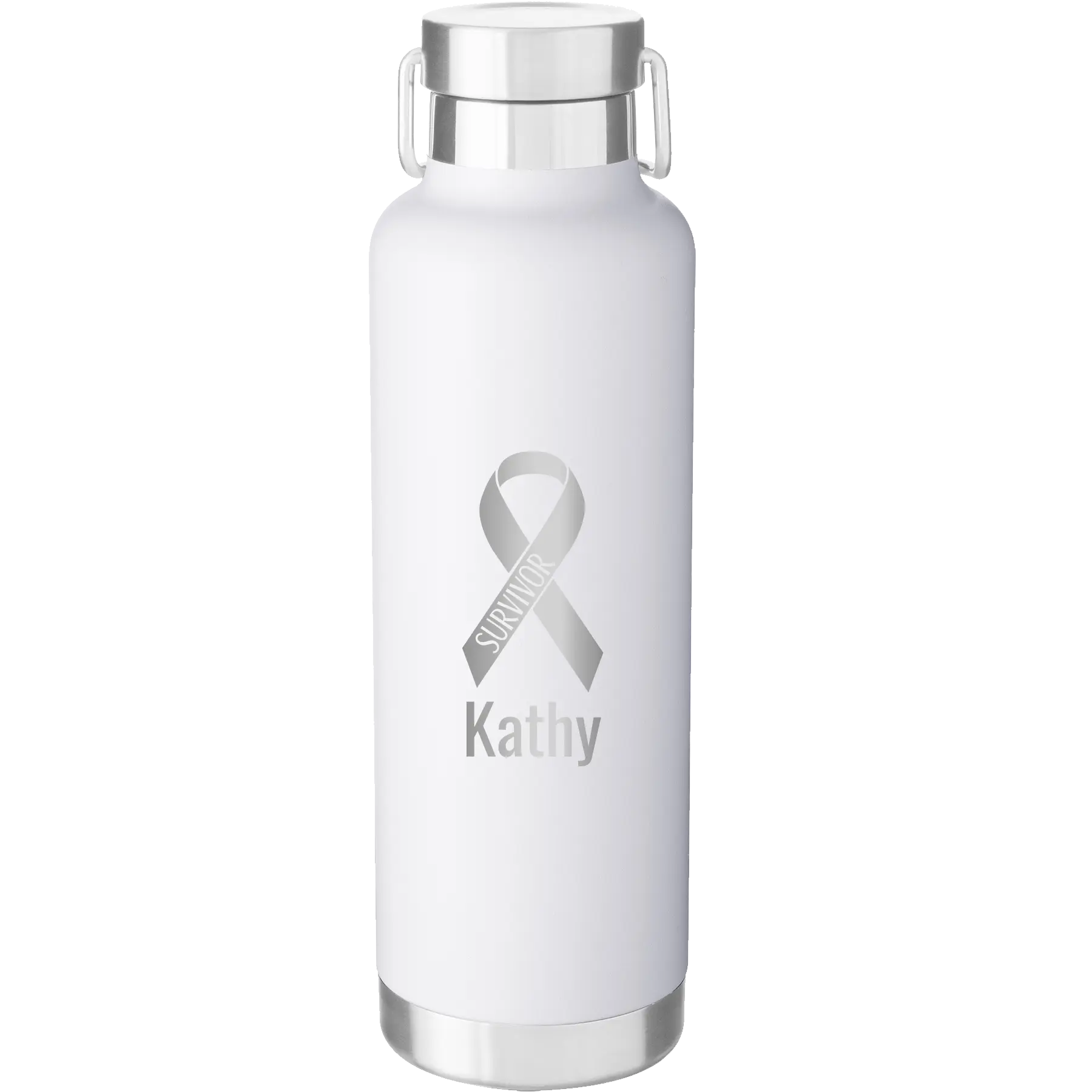 Personalized white 24 oz vacuum insulated water bottle with 'Survivor' design