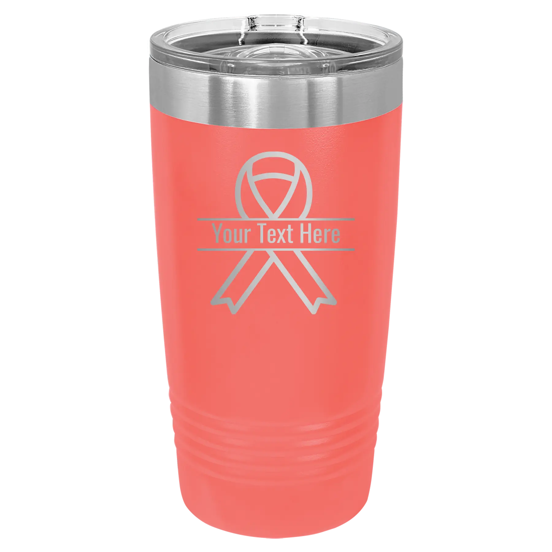 Personalized coral 20 oz vacuum insulated tumbler with 'Ribbon' design