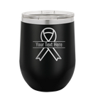Personalized black 12 oz vacuum insulated wine cup with 'Ribbon' design