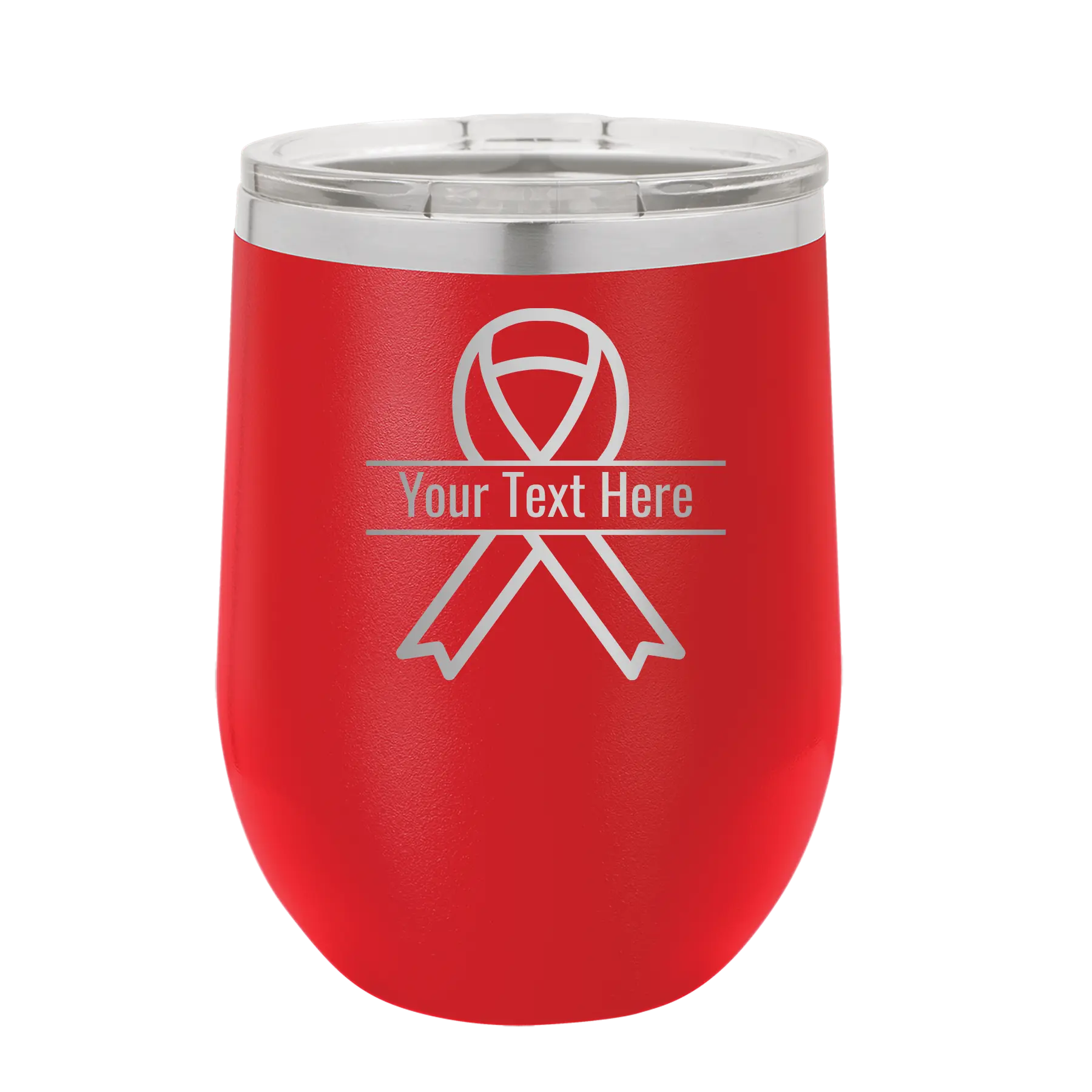 Personalized red 12 oz vacuum insulated wine cup with 'Ribbon' design