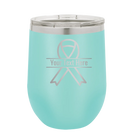 Personalized teal 12 oz vacuum insulated wine cup with 'Ribbon' design