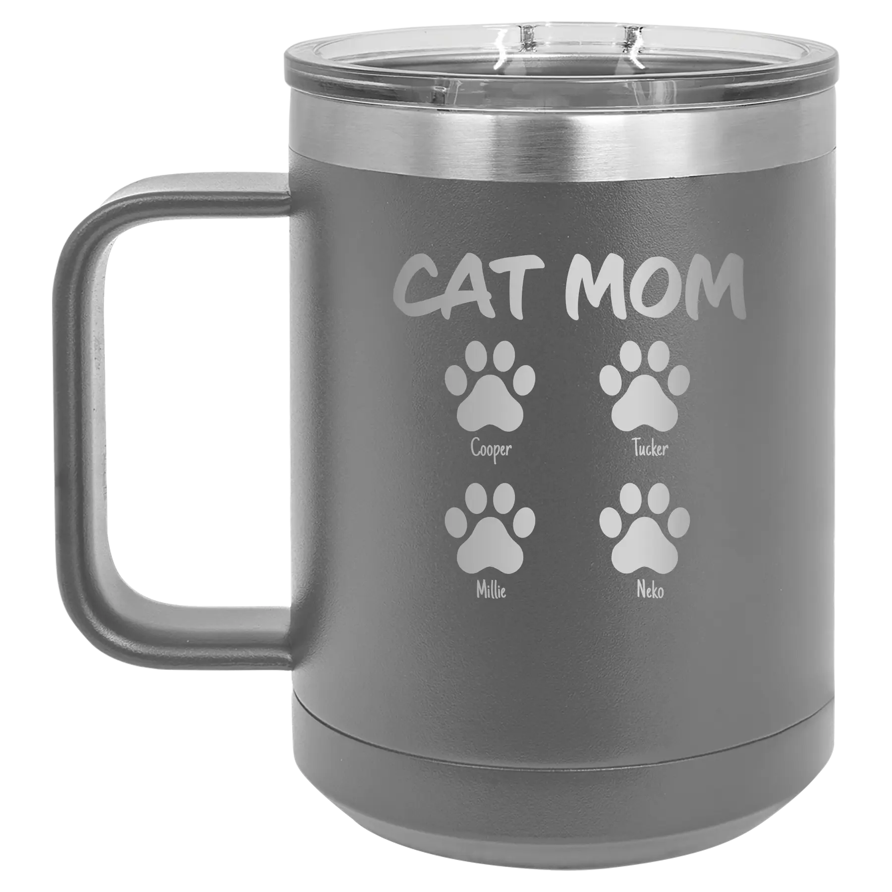 Personalized dark gray 15 oz vacuum insulated coffee mug with 'Cat Dog Mom Dad 4 paws' design