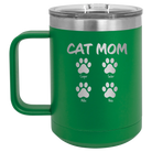 Personalized green 15 oz vacuum insulated coffee mug with 'Cat Dog Mom Dad 4 paws' design