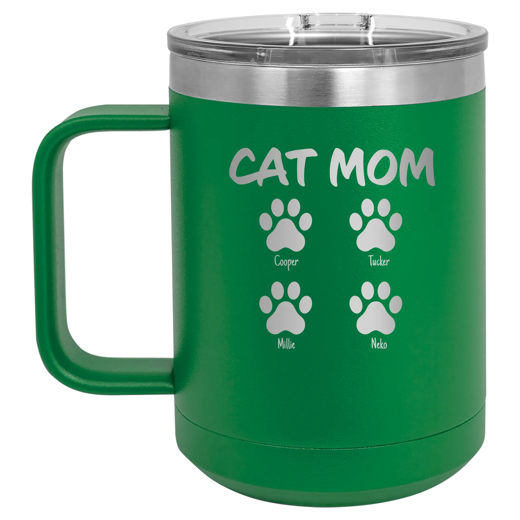 Personalized green 15 oz vacuum insulated coffee mug with 'Cat Dog Mom Dad 4 paws' design