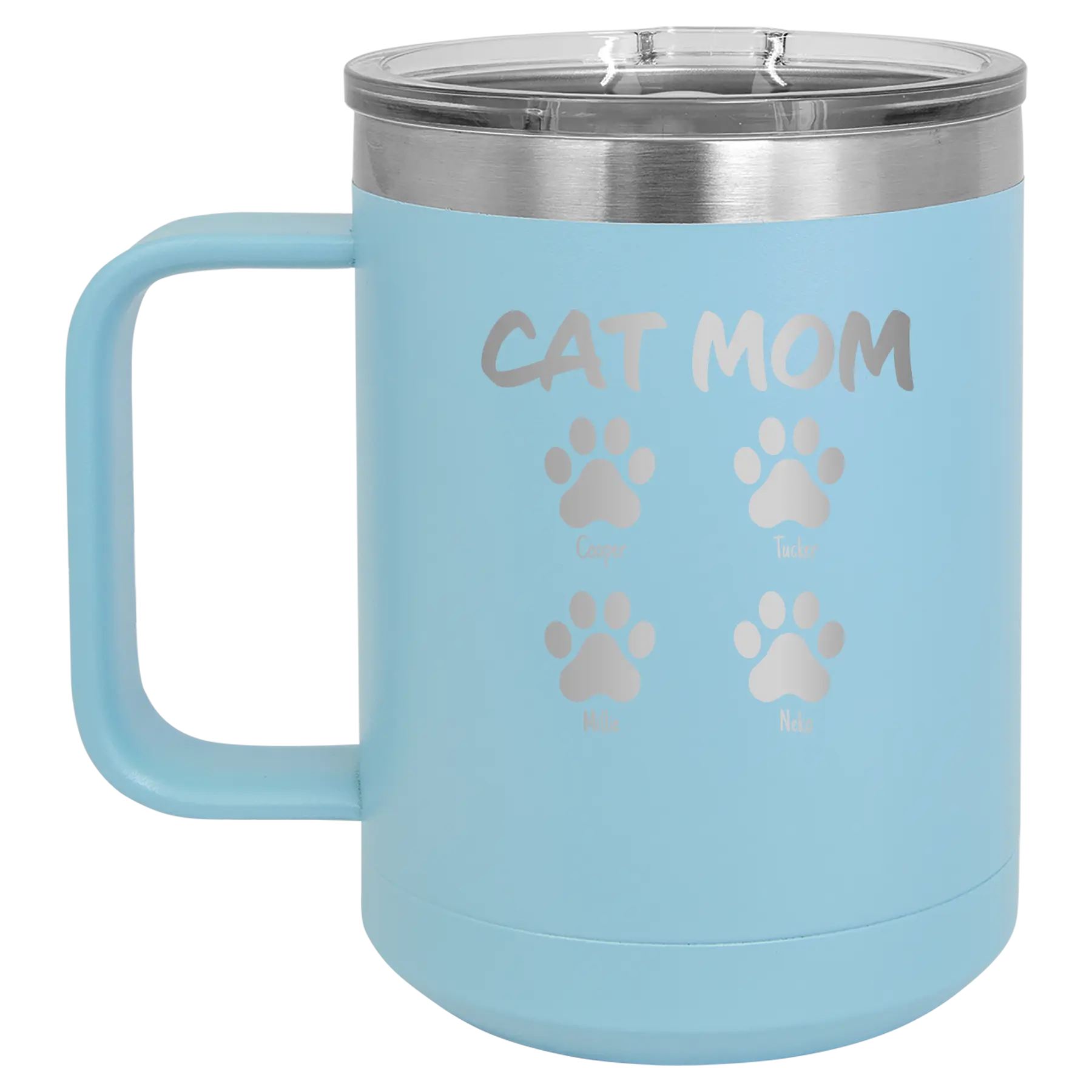 Personalized light blue 15 oz vacuum insulated coffee mug with 'Cat Dog Mom Dad 4 paws' design