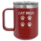 Personalized maroon 15 oz vacuum insulated coffee mug with 'Cat Dog Mom Dad 4 paws' design