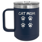 Personalized navy 15 oz vacuum insulated coffee mug with 'Cat Dog Mom Dad 4 paws' design
