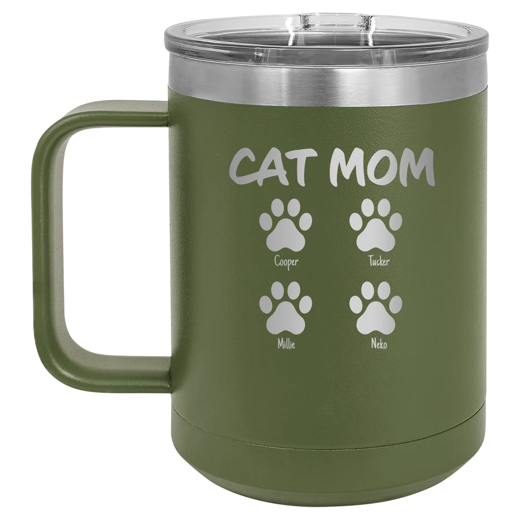 Personalized olive green 15 oz vacuum insulated coffee mug with 'Cat Dog Mom Dad 4 paws' design