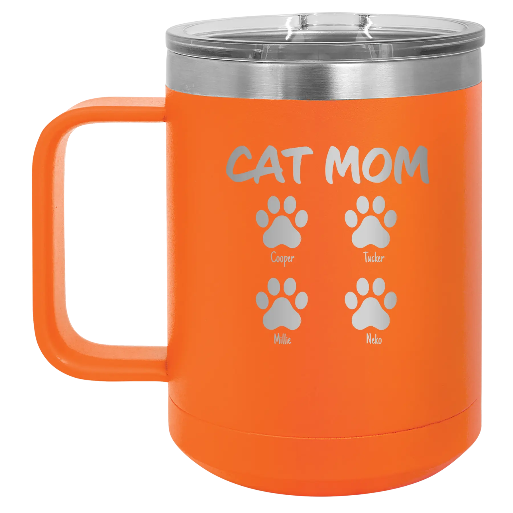 Personalized orange 15 oz vacuum insulated coffee mug with 'Cat Dog Mom Dad 4 paws' design
